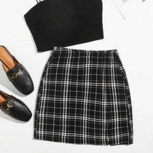 Solid Cami Top & Split Hem Plaid Skirt Set